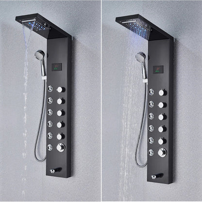 Black matte-finish bathroom shower panel set led with multiple control knobs and handheld spray nozzle for rain shower use