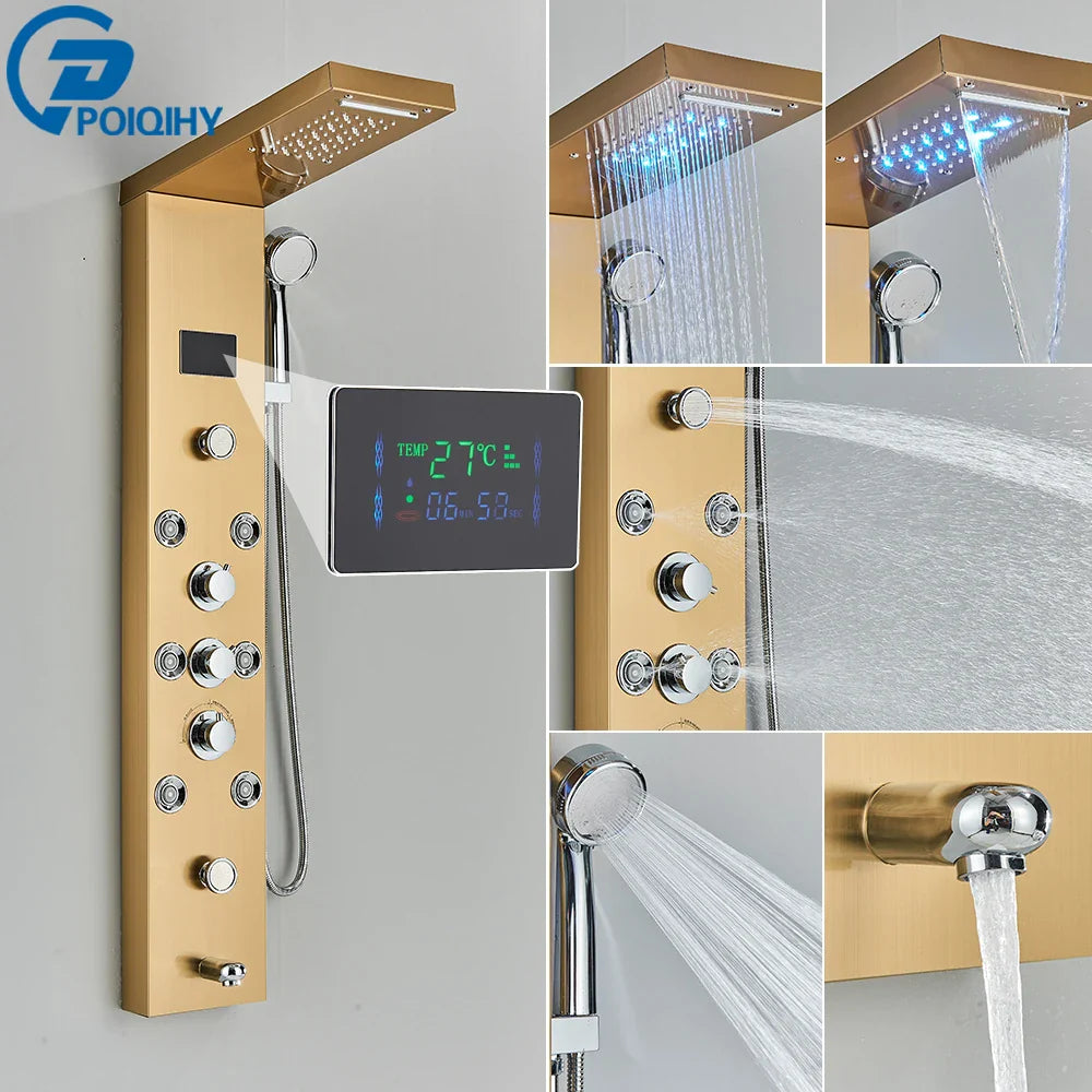 Gold-finished bathroom shower panel set led with rectangular rainhead handshower options and digital temperature display