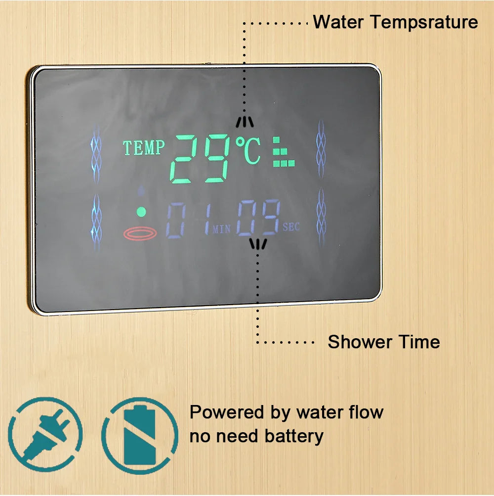 Digital shower temperature and time display with green led on sleek dark gray bathroom shower panel set led