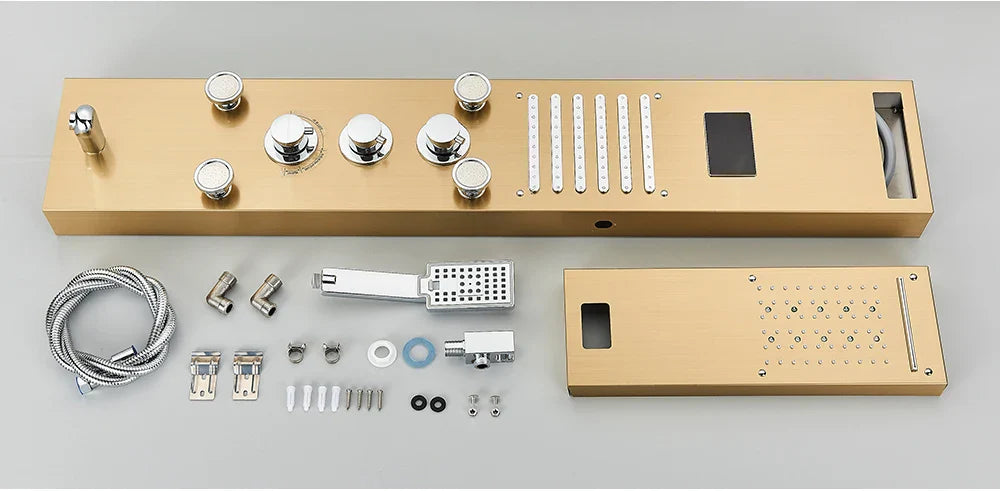 Gold-colored modern bathroom shower panel set led with multiple control knobs and a sleek rectangular design