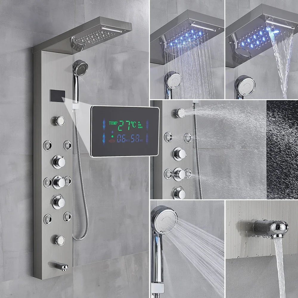 Modern chrome-finished bathroom shower panel set with rectangular rainhead handheld sprayer and digital temperature display