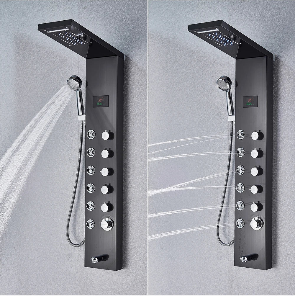 Black matte-finish bathroom shower panel set led with multiple spray settings and handheld showerhead for versatile use