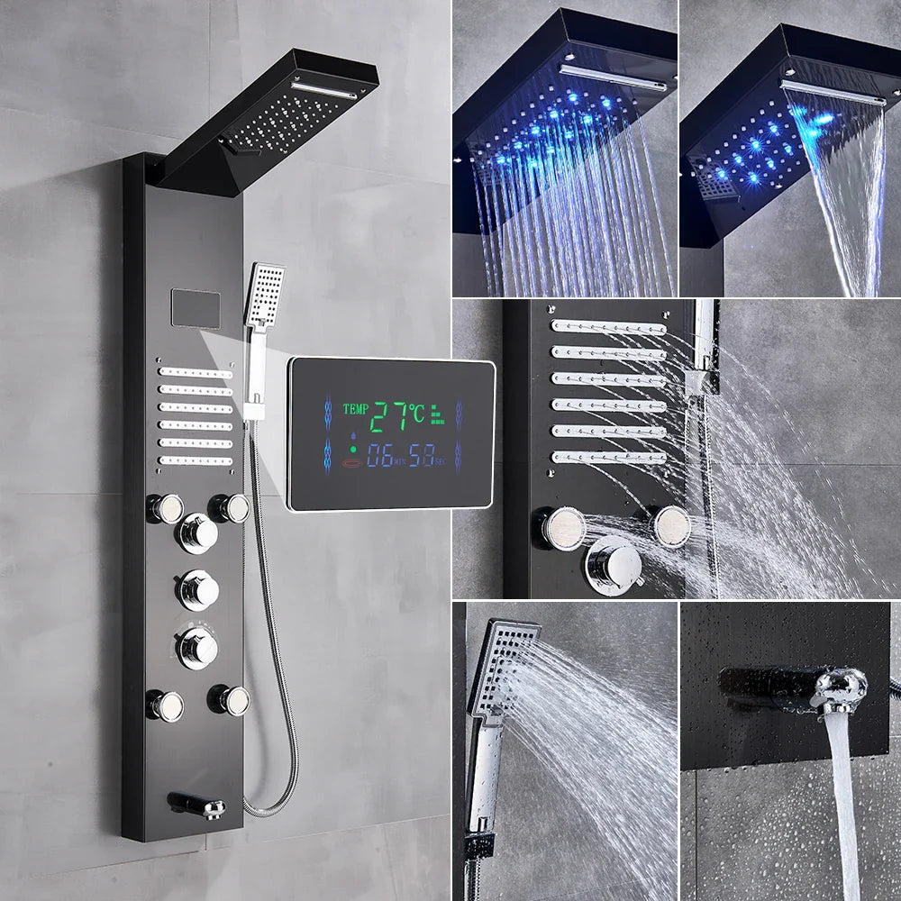 Black modern bathroom shower panel set led with multiple spray heads, digital temperature display, and chrome controls