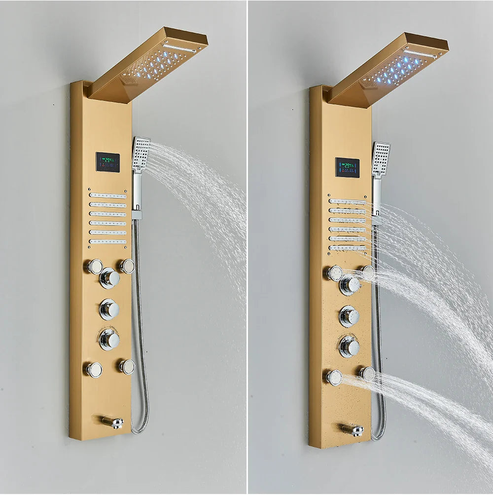 Gold-finished bathroom shower panel set led with multiple spray heads and control knobs for advanced showering experience