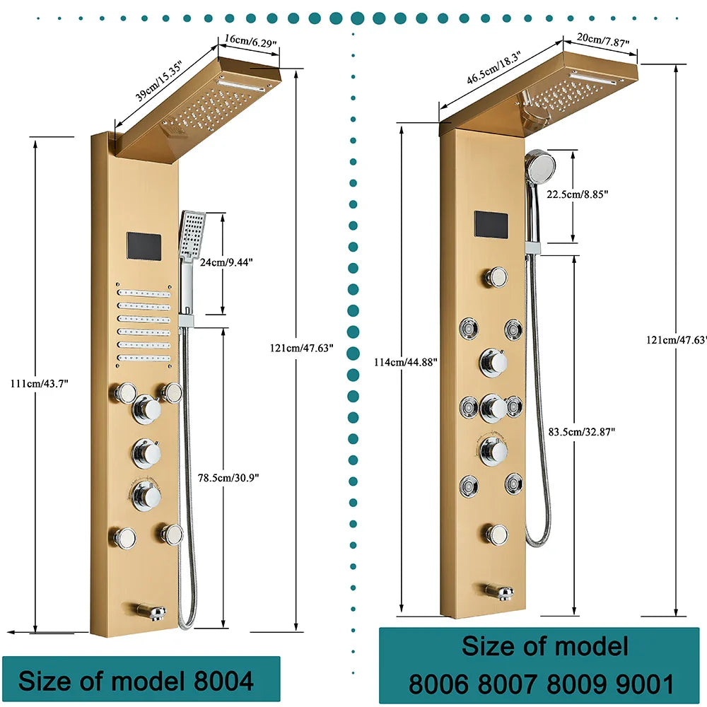 Gold-finished modern bathroom shower panel set led with multiple spray heads and control knobs for enhanced showering