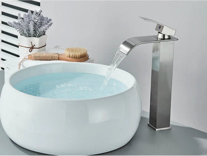 Modern bathroom sink faucet brass deck mount with chrome finish and stainless steel waterfall design with angular shape