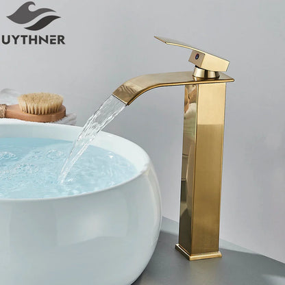 Bathroom sink faucet brass deck mount with gold finish stainless steel waterfall spout and sleek rectangular design
