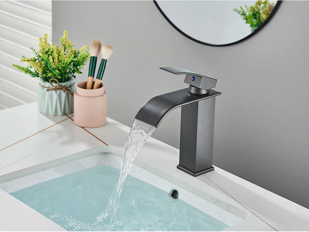 Modern matte black bathroom sink faucet with waterfall spout design brass deck mount stainless steel accents