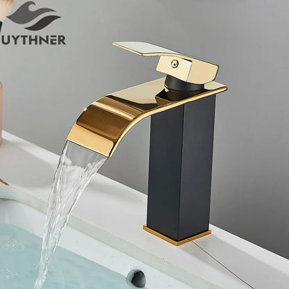 Bathroom sink faucet brass deck mount with gold and black waterfall design featuring stainless steel construction
