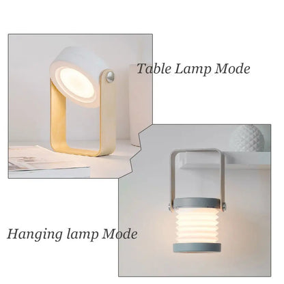 Battery-operated wall sconce lantern with a white circular head and light wood frame and collapsible gray sconce lantern