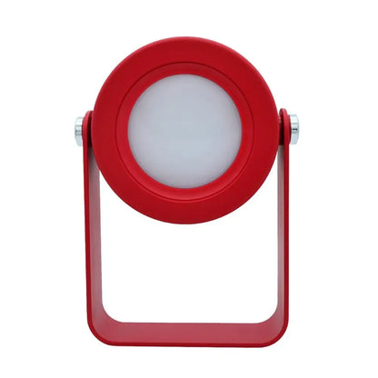 Battery-operated wall sconce lantern featuring a red circular led lamp with matte finish and silver metallic hinges