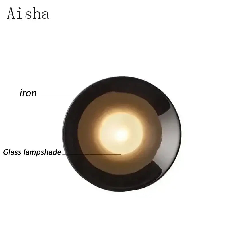 Aisha brand bauhaus black metal wall lamp with sleek iron frame and translucent glass lampshade for living room use