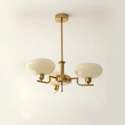 Bauhaus glass pendant chandelier with brass finish and three opaline glass shades for dining room lighting