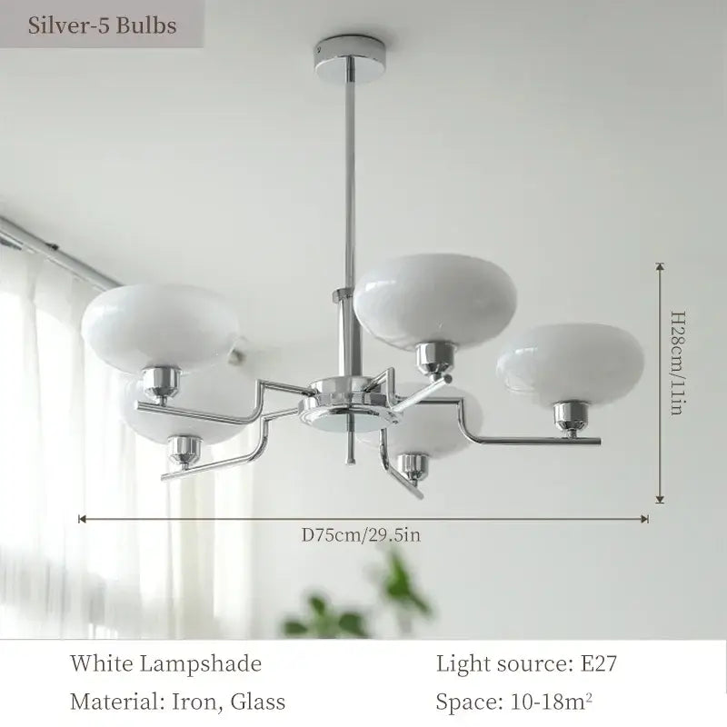 Modern bauhaus glass pendant chandelier with five white glass lampshades and polished chrome frame for dining room