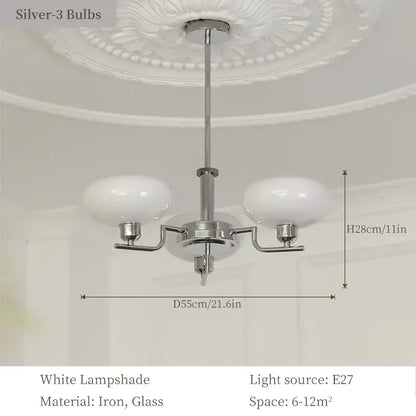Silver-finished bauhaus glass pendant chandelier with three white glass lampshades for dining room lighting