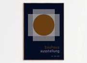 Minimalist decorbites bauhaus geometric art canvas print with bold brown circle on navy grid background for mid-century bauhaus fans