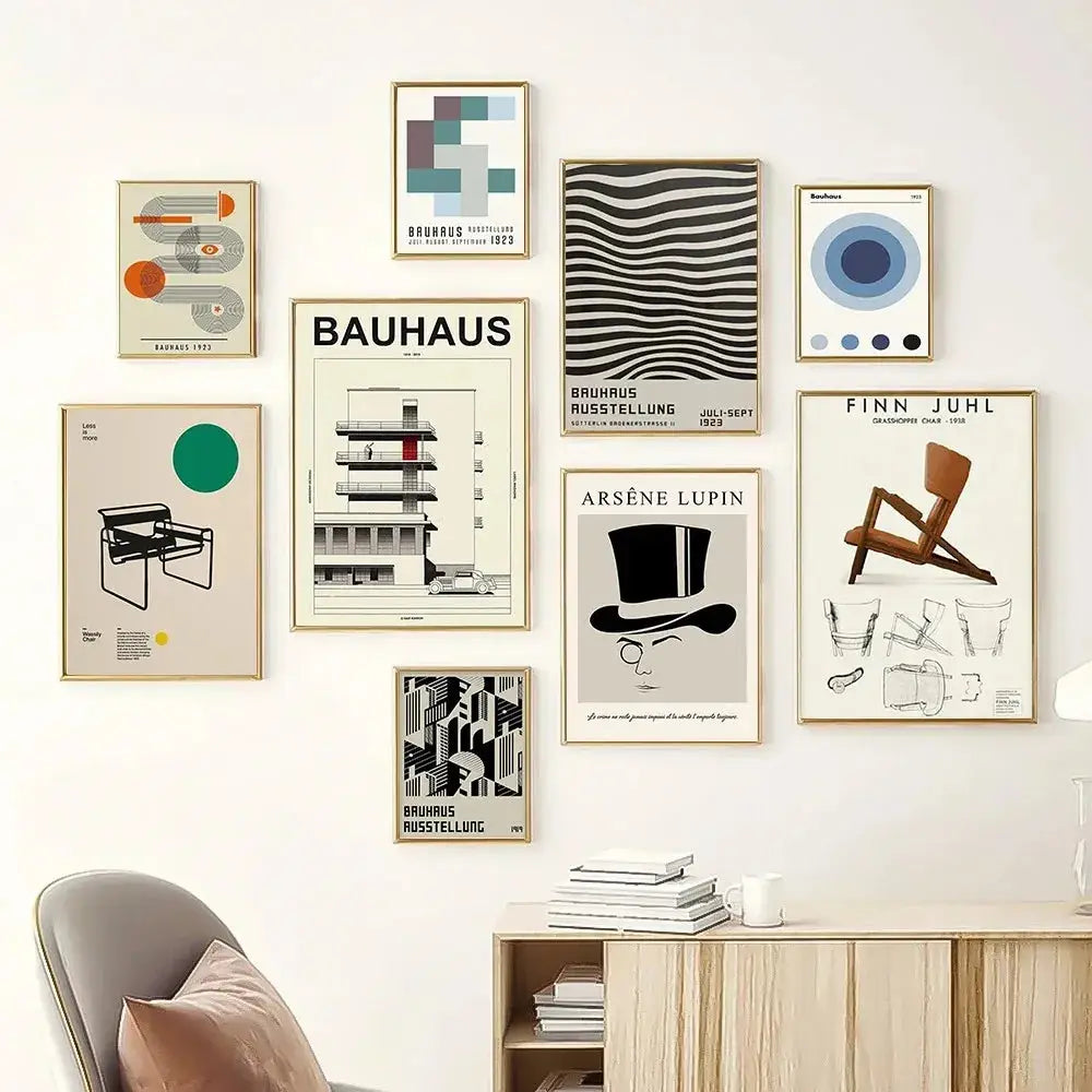 Decorbites black and white minimalist bauhaus canvas print featuring framed modernist art in muted tones of beige teal and brown