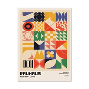 DecorBites™ black and white modernist canvas print featuring vibrant geometric shapes in red, blue, green, yellow, and black on cream