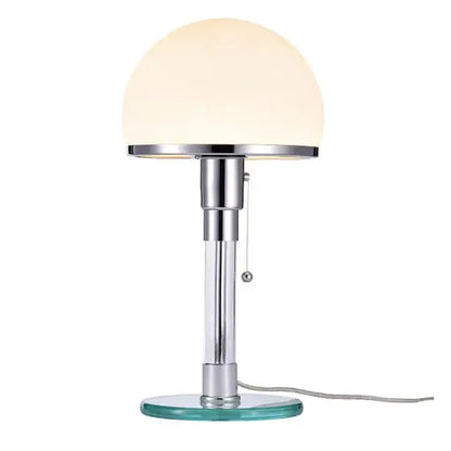 Bauhaus chrome table lamp with milk white glass dome shade and circular base for bedroom lighting