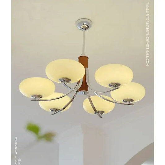 Modern bauhaus art glass chandelier with five frosted shades, chrome frame, and wooden column for living room lighting