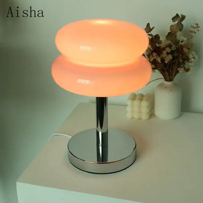 Aisha brand bauhaus glass table lamp with warm orange double-tiered glass shade and polished chrome base for bedroom light