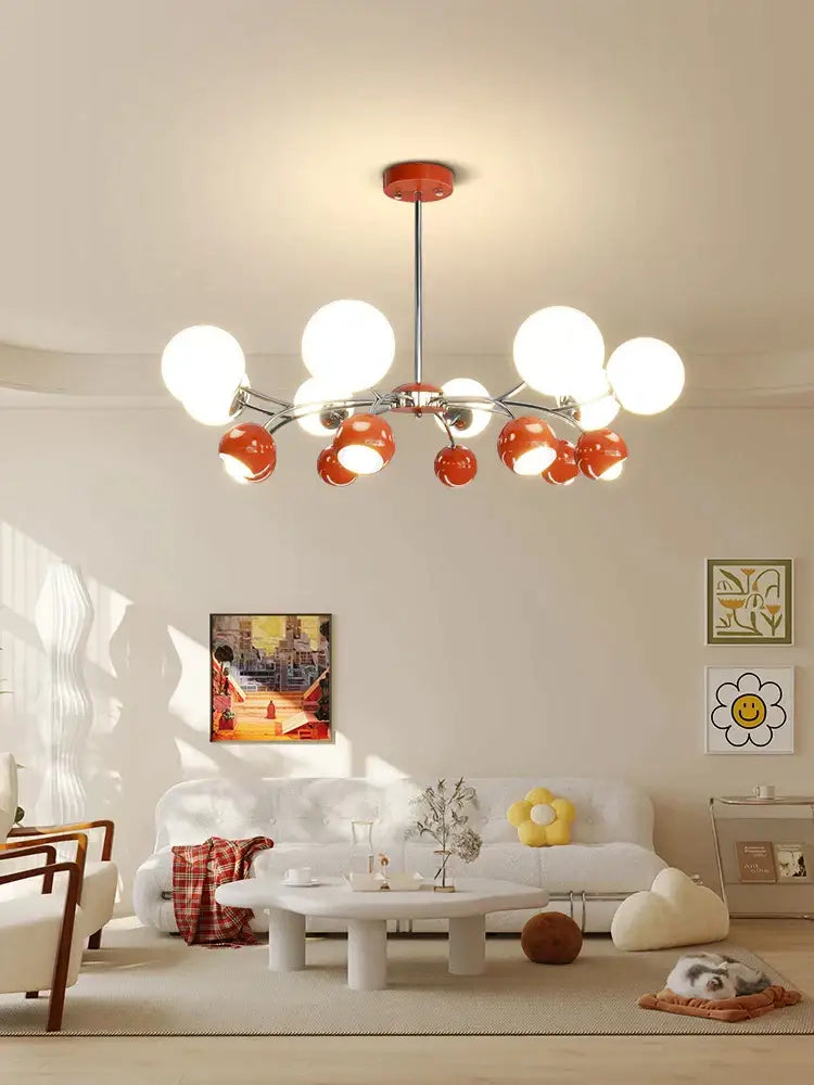 Modern bauhaus lasha pendant light with chrome stem, red base, white and orange glass bulbs for dining room use