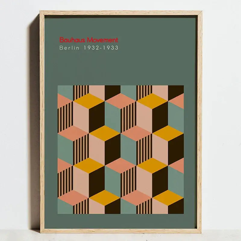 A framed canvas wall art bauhaus exhibition poster with geometric interlocking cubes in muted peach mustard teal and brown
