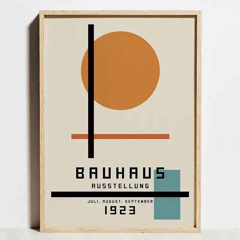 A minimalist bauhaus exhibition poster with orange circle and geometric lines on beige canvas wall art by decorbites