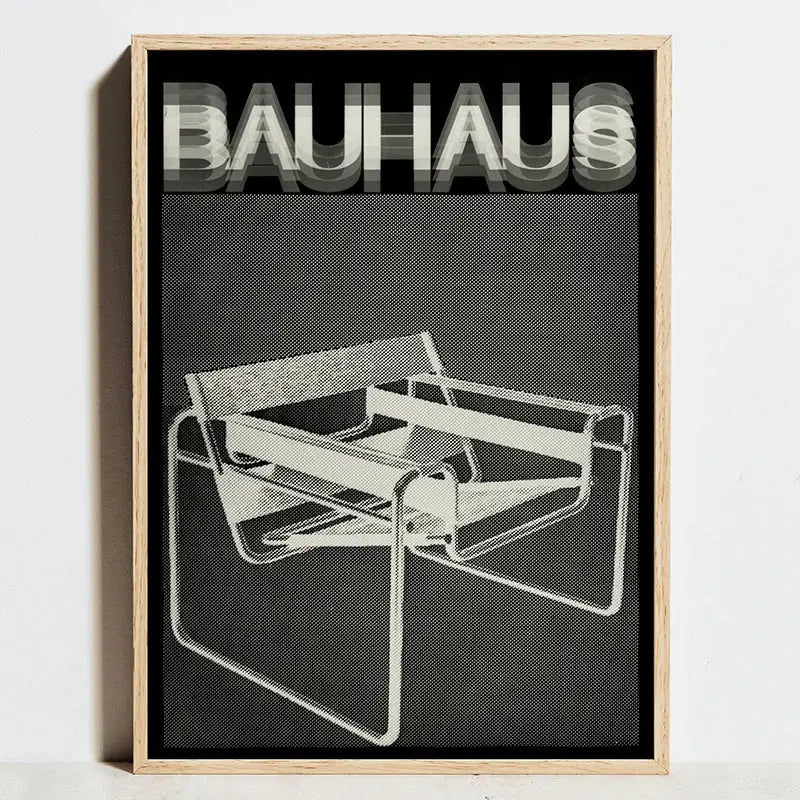 Black and white bauhaus geometric exhibition poster with minimalist chair design framed by light wood for modern wall art