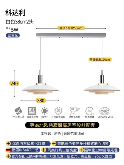 White led bauhaus flying saucer pendant light with two hanging fixtures and rectangular ceiling mount for dining room