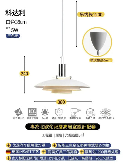 White 38cm wide bauhaus flying saucer pendant light with sleek modern design and three-color led lighting for dining room