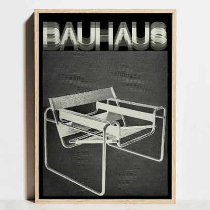 Black and white bauhaus geometric exhibition poster with minimalist chair design framed by light wood for wall decor