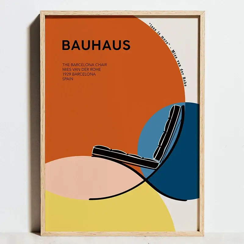 Minimalist framed DecorBites bauhaus geometric exhibition poster with black outline barcelona chair on vibrant canvas painting