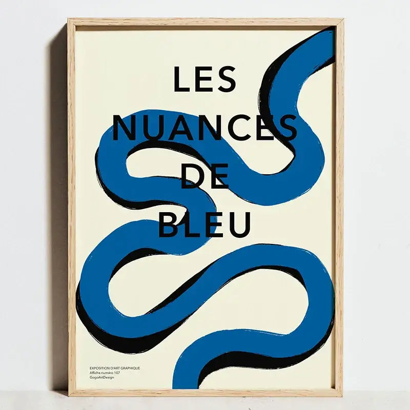 Minimalist DecorBites™ bauhaus geometric exhibition canvas painting with bold blue lines in a light wood frame