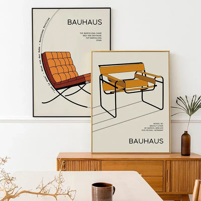 Two framed decorbites bauhaus geometric exhibition posters featuring orange tufted barcelona chair and yellow wassily chair canvas painting