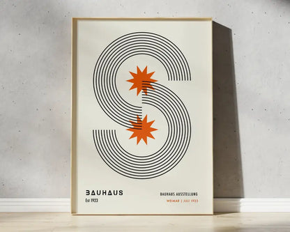 Minimalist decorbites™ bauhaus geometric canvas print featuring bold black s and orange starbursts for home decor