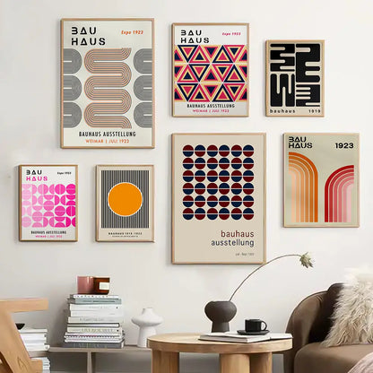 Set of six decorbites™ bauhaus geometric canvas prints featuring bold colors and minimalist typography on cream backgrounds