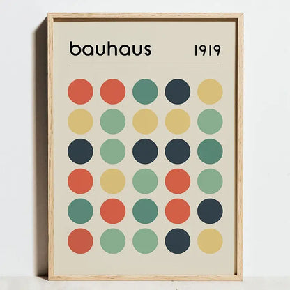 A minimalist framed canvas art featuring bauhaus geometric exhibition logo and colorful circles for exhibition posters