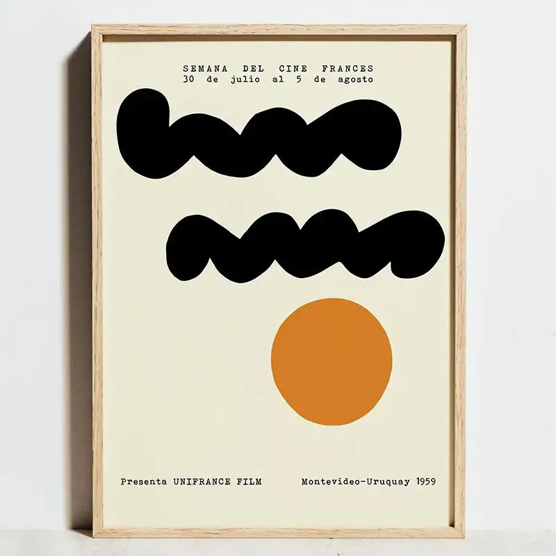 A light wood framed minimalist decorbites™ bauhaus movement geometric exhibition poster with black waves and an orange circle