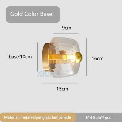 Gold-colored metal base bauhaus glass e14 wall lamp with clear ribbed glass e14 wall sconce for living room