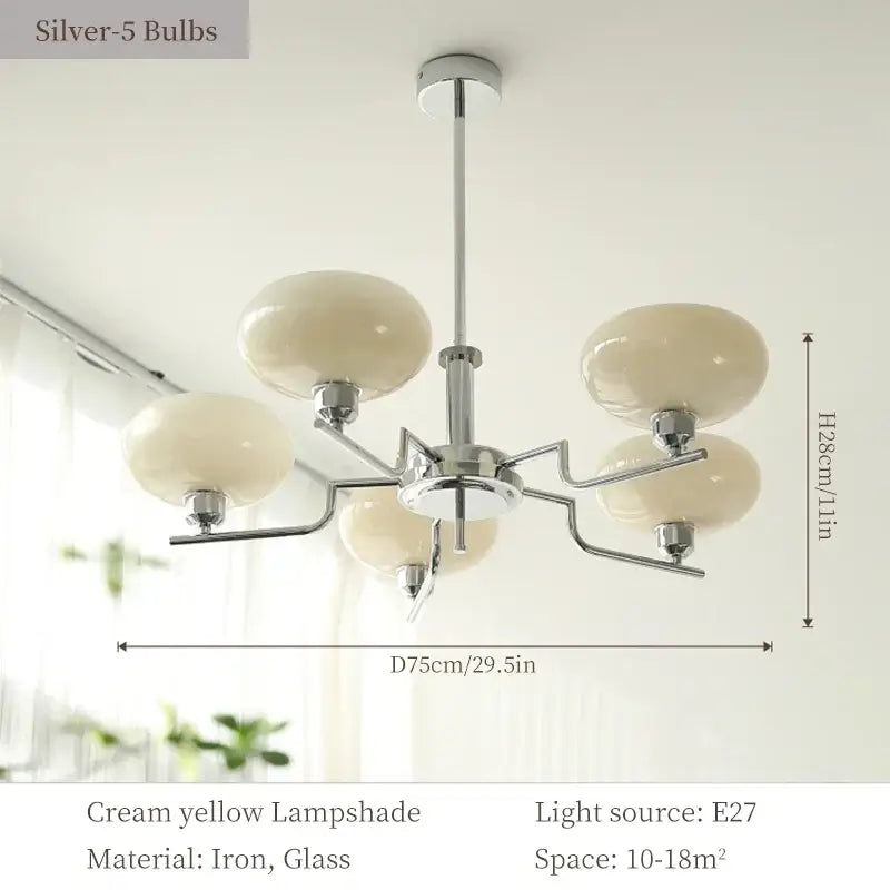 Cream yellow glass lampshade bauhaus medieval chandelier with polished chrome iron frame and five silver bulbs for living room
