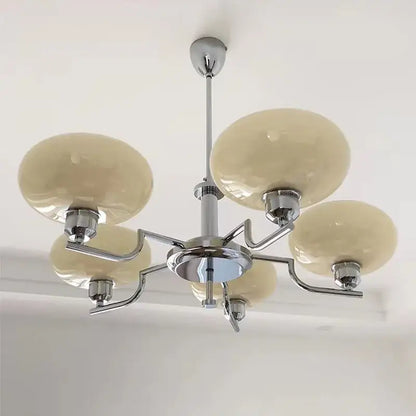 Chrome finished bauhaus medieval chandelier with five creamy opal glass shades for living room lighting