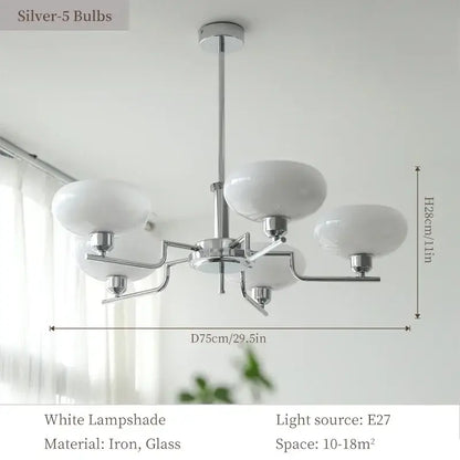 A bauhaus medieval chandelier with five white frosted glass lampshades and a polished chrome iron frame for living rooms