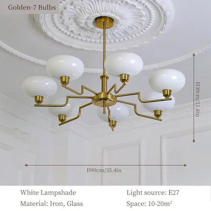 Gold-finished bauhaus medieval chandelier with seven white glass lampshades for living room lighting