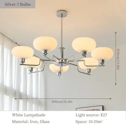 Modern chrome-finished bauhaus medieval chandelier with seven frosted white glass lampshades for living room lighting