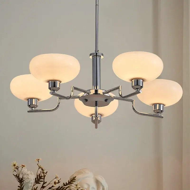 Modern chrome finished bauhaus medieval chandelier with five frosted glass globe shades for living room lighting