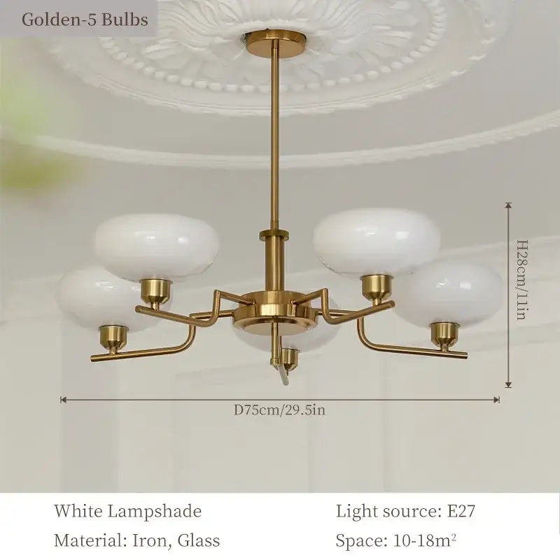 Brass-finished bauhaus medieval chandelier with five white glass lampshades for living room lighting