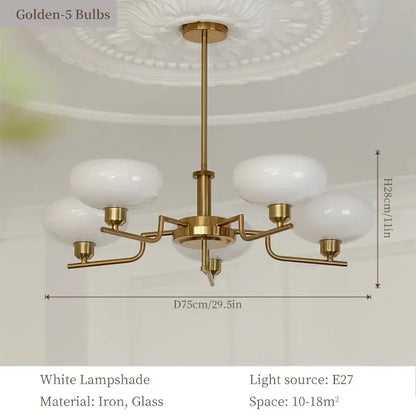 Brass-finished bauhaus medieval chandelier with five white glass lampshades for living room lighting