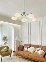 Modern bauhaus glass persimmon chandelier with five frosted milk white glass globes and brushed metal frame for dining room light