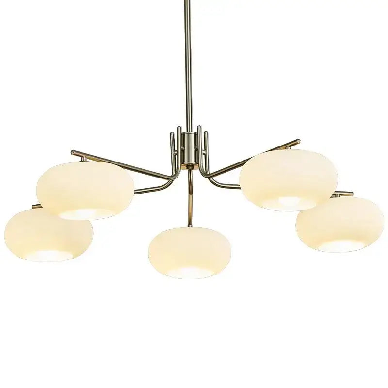 Modern five-arm glass persimmon chandelier with brushed nickel frame and milk white frosted glass for dining room lighting